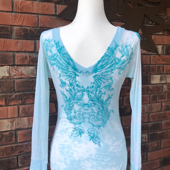 Long sleeved, turquoise burnout shirt - Picture 4 of 5